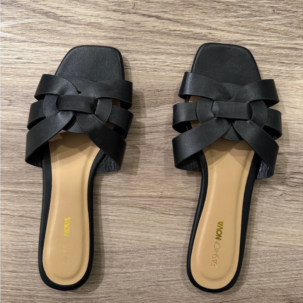 Fashion Nova Black Woven Slide Sandals